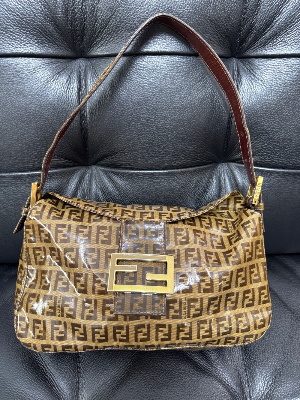 Fendi Brown Zucca Monogram Shoulder Bag with Gold Logo Plaque